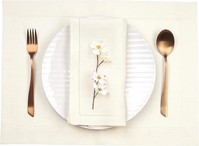 D'Moksha Homes Linen Placemats Set of 4 - Classic Hemstitch Ivory Placemats 14 x 19 Inch - 100% Pure Linen Table Mats for Winter, Christmas, Holiday - Handcrafted and Machine Washable