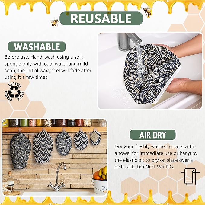 Li’l Things Beeswax Bowl Covers – Reusable Wraps Set of 5 | Organic Cotton, Beeswax & Jojoba | Eco-Friendly, Washable Lids for Bread Proofing, Jars, Pet Food (XS–XL) - Japanese Waves