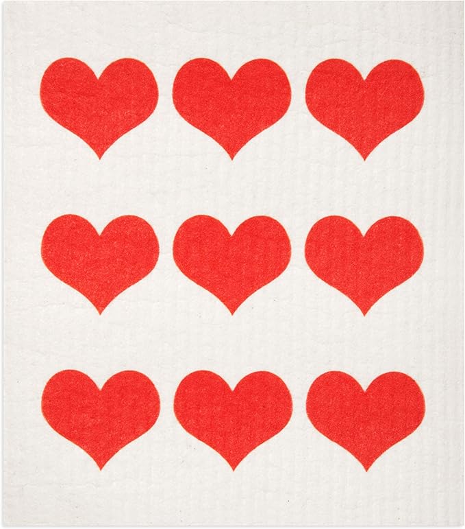 Swedish Dishcloths 2 Pack Row of Red Hearts Print Reusable Sponges Kitchen Cleaning Cloth Dish Scrubber, Machine Washable, Measures 7.87”x6.88 inches.
