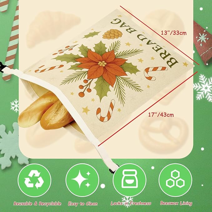 Christmas Beeswax Bread Bags Set – 2 Reusable Bread Bags + 3 Wax Paper Sheets,Eco-Friendly Beeswax Wraps for Food,Homemade Sourdough,Cheese,Snacks & Fruit,Holiday Gift for Bakers Kitchen Lovers