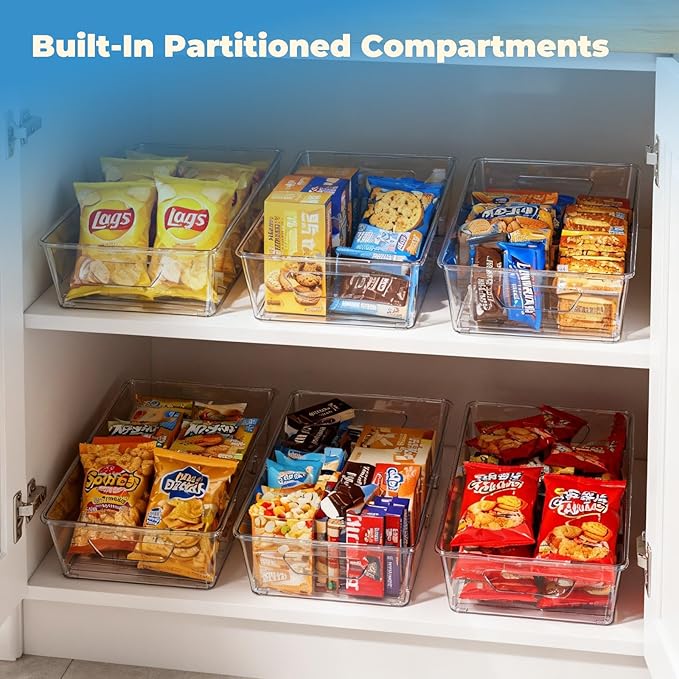 Stackable 4 Pack Pantry Storage Organizer Bins, Clear Plastic with 3 Removable Dividers, for Fridge, Snack, Organizer – BPA Free Perfect in Kitchen, Refrigerator