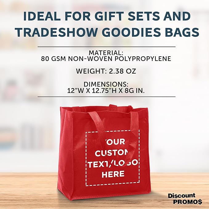 DISCOUNT PROMOS Custom Reusable Cloth Grocery Shopping Tote Bags Set of 10/50/100, Personalized Bulk Pack - Foldable, Washable, Shopper Bag - Red