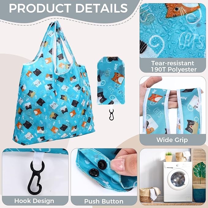 Tanlade 50 Pcs Reusable Grocery Bags Large Foldable Polyester Tote Bag Heavy Duty Washable Shopping Bags with Pouch Attached