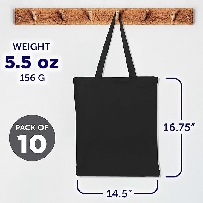 DISCOUNT PROMOS Cotton Canvas Tote Bags Set of 10, Bulk Pack - Reusable, Great for Shopping, Grocery, Beach, Picnic, Wedding Favors - Black