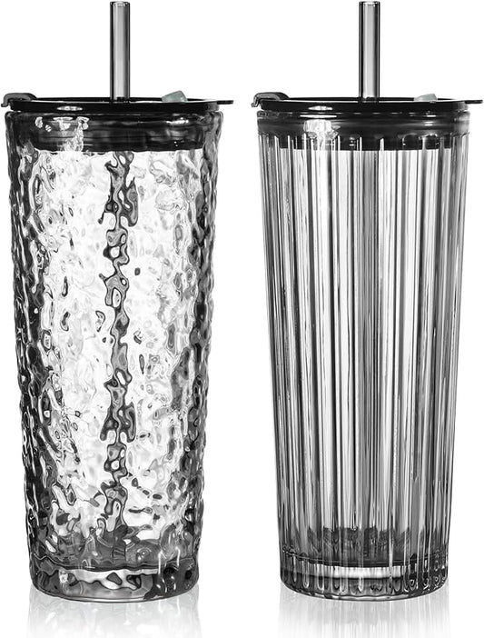Puraville 2 Pack 18oz Glass Cups with Lids and Straws, Vintage Ribbed Striped Glacier Pattern Thickened Glassware for Whiskey Cocktail Beer, Mason Jar Drinking Glasses Tumbler Iced Coffee Cup, Black
