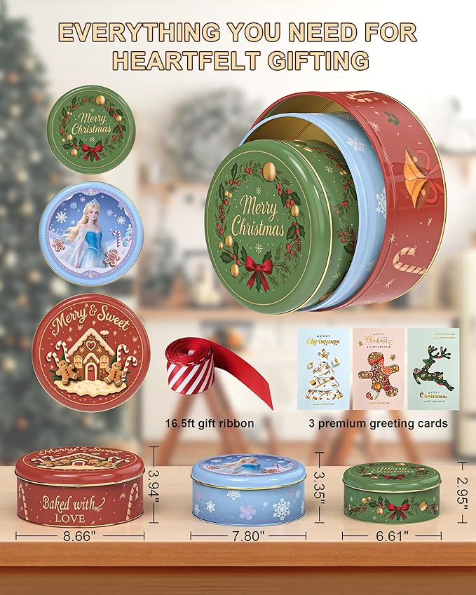 Christmas Cookie Tins with Lids, Set of 3 Larger Holiday Containers for Homemade Cookies, Gifts, Treats, Reusable Round Metal Storage Boxes with 3 Premium Greeting Cards & 16.5ft Ribbon