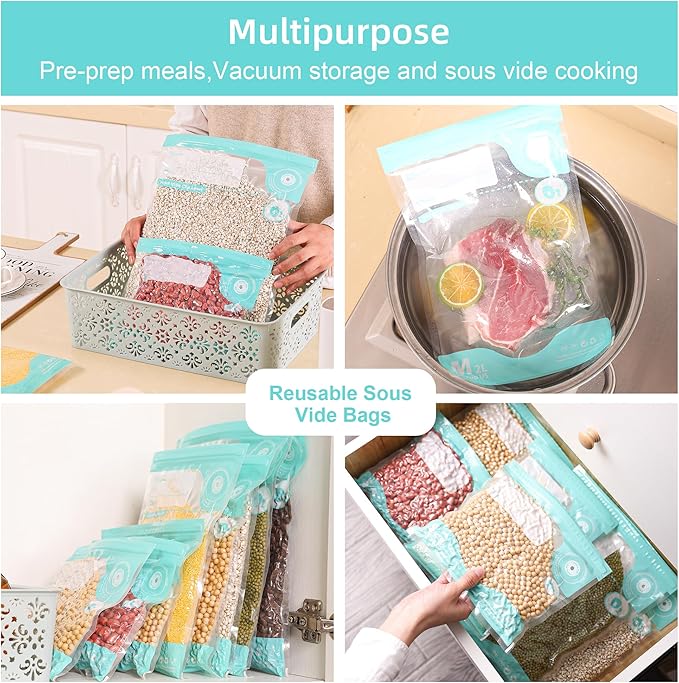 Sous Vide Bags Reusable, Vacuum Food Storage Bags 20 pcs (7.9 * 11.8in) Comes with 6 sealing sliders Thicken PA&PE material Double zipper Long-lasting freshness Bag for Cooking, Food Storage, M 20pcs