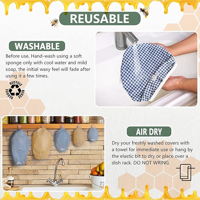 Li’l Things Beeswax Bowl Covers – Reusable Wraps Set of 5 | Organic Cotton, Beeswax & Jojoba | Eco-Friendly, Washable Lids for Bread Proofing, Jars, Pet Food (XS–XL)- Checkered Plaid