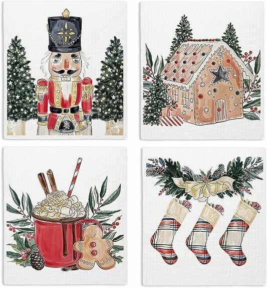 Swedish Dishcloths for Kitchen, Christmas Xmas Nutcracker Winter Kitchen Dish Towels for Washing Dishes, 4 Pack Reusable Paper Towels, Sponge Cloths for Holiday Baking Cooking Home Cleaning