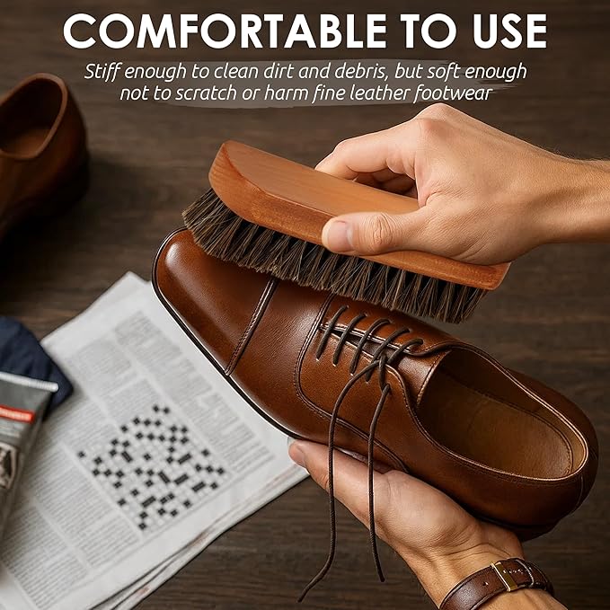 6.7" Horsehair Shoe Shine Brush - 100% Soft Genuine Horse Hair Bristles - Unique Concave Design Wood Handle - Comfortable Grip, Anti Slip - for Boots, Shoes & Other Leather Care (#1)