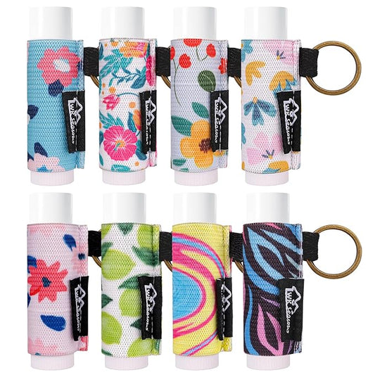 WK IEASON Lip Balm Holder Keychain, Small Christmas Gifts Stocking Stuffers for Teen Girls Women, 8PCS Clip on Lip Gloss Holder Compatible With Chapstick, Burt's Bees Sleeves Elastic Lipstick Holder