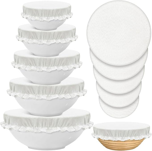 10 Pack Cloth Bowl Covers for Bread Rising - 5 Size Stretch Elastic Food Storage Container Lids - Reusable Cotton Fabric Covers for Food, Fruits, Leftovers (Linen)