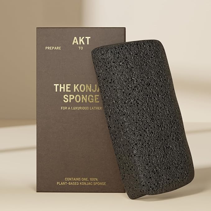 AKT The Konjac Sponge, Plant-Based Shower Sponge with Activated Charcoal, Exfoliating Body Sponge for Sensitive Skin, Natural, Shower Scrubber, Compostable Bath Essential