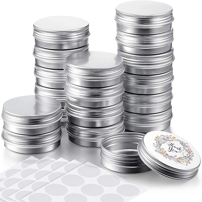 Patelai 72 Pcs 2 oz Aluminum Tins Salve Containers with Screw Lid and Labels Round Cans Travel Cosmetic Metal Tins Jar for Candles Lotion Bars Balms Food Spice Candies DIY Crafts(Silver)