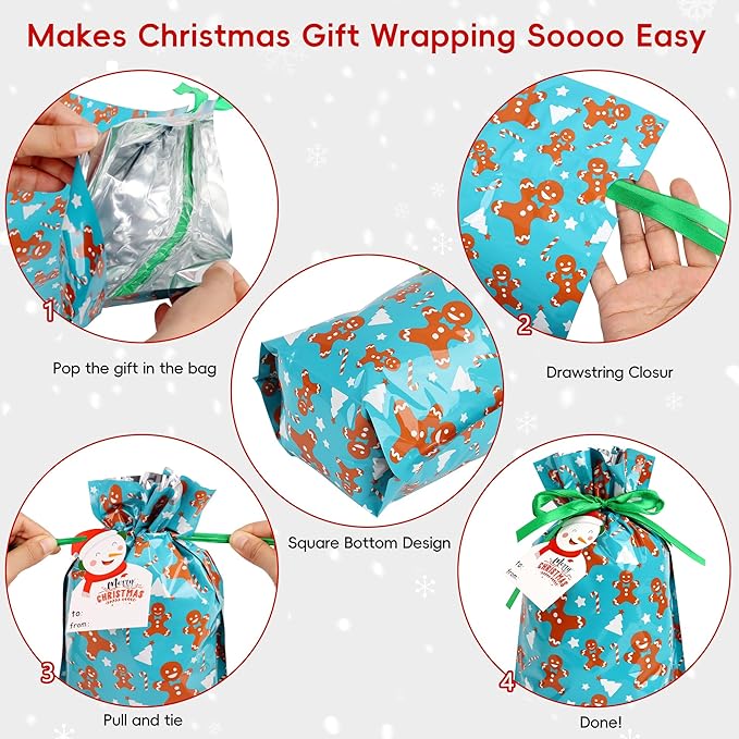 POPGIFTU 40-Pack Christmas Drawstring Gift Bags – 8 Festive Designs | Reusable Foil Holiday Wrapping Bags with Tags | Assorted XL/L/M/S Santa Xmas Gift Bags