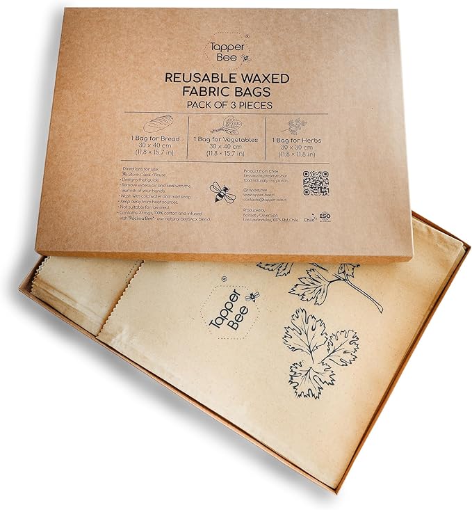 Reusable Beeswax Bags – Set of 3 Bread & Herb Storage Wraps – Waxed Cotton, Plastic-Free, Handmade in Chile by Tapper Bee