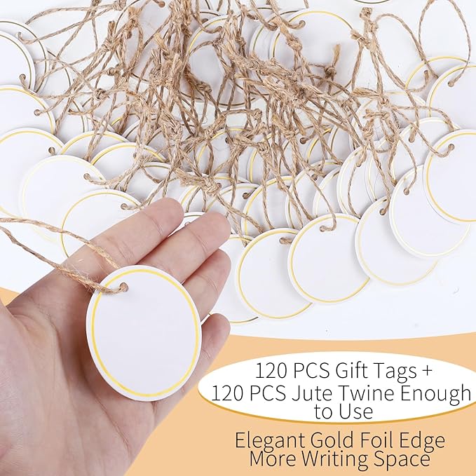 120 PCS White Gift Tags, 2'' Round Gift Tags with String Marking Hang Tag Writable Blank Tag for Presents Labeling DIY Craft Project Valentine's Day Wedding Baby Shower Favors