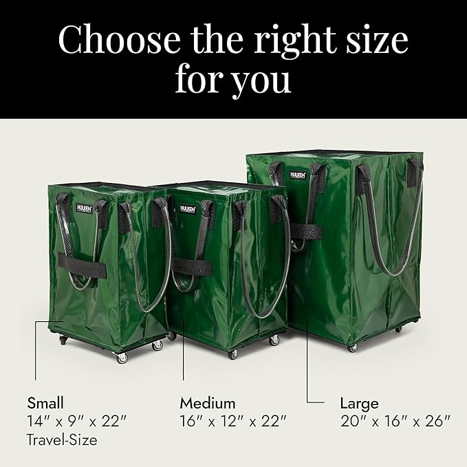 HULKEN - (Medium, Forest Green) Reusable Grocery Bag On Wheels, Shopping Trolley, Rolling Tote, Zipper Closure, Lightweight, Carries Up to 66 lb, Folds Flat, Unbreakable Handles