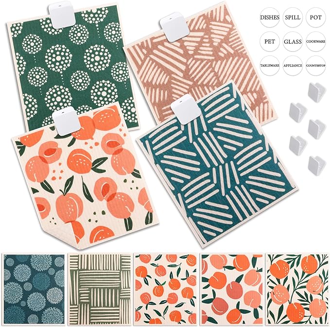 Lucomb 10 Pack Swedish Dishcloths with Hanging Clips, Reusable Swedish Dish Towels Biodegradable Cellulose Cleaning Cloths Washable Dish Wipes for Kitchen Home Office(Quick Drying & Super Absorb)