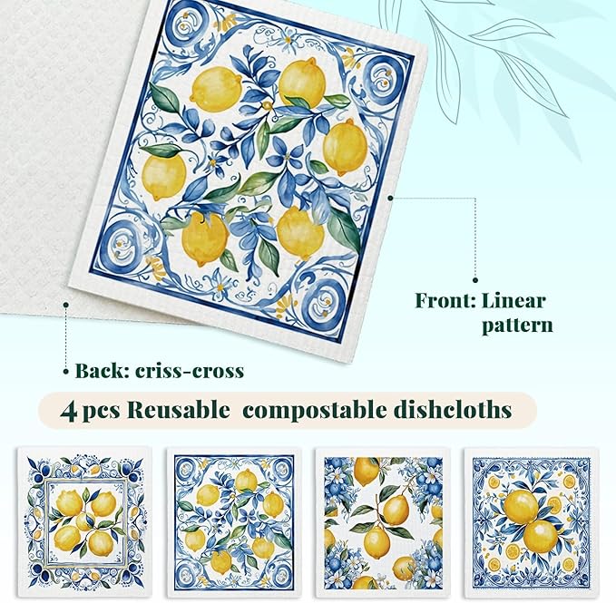 Swedish Dishcloths for Kitchen, Papaya Reusable Paper Towels Washable, Summer Lemon Vintage Floral Swedish DishCloths for Friut, 4 Pack Dish Towels for Kitchen, No Odor Cleaning Cloths
