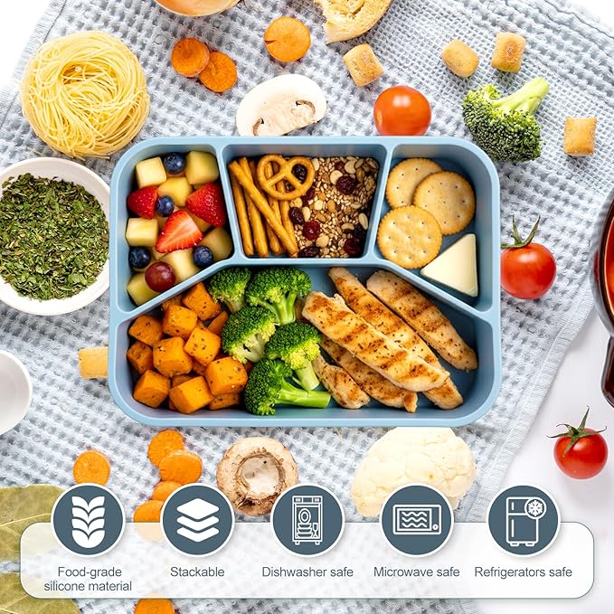 Honeydak 6 Pcs Silicone Bento Box Reusable Lunch Container 4 Compartment Snack Boxes with Lid Smooth LeakProof Rectangle Food Boxes for Adult Work Travel Food Storage (Vintage Color)