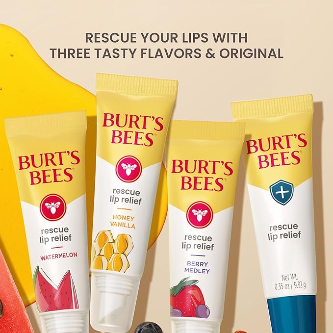 Burt's Bees Lip Balm Stocking Stuffers, Moisturizing Lip Care Christmas Gifts, Rescue Relief - Relieves Extremely Dry Lips with Moisturizing Shea Butter & Echinacea, Natural Origin Treatment (3-Pack)