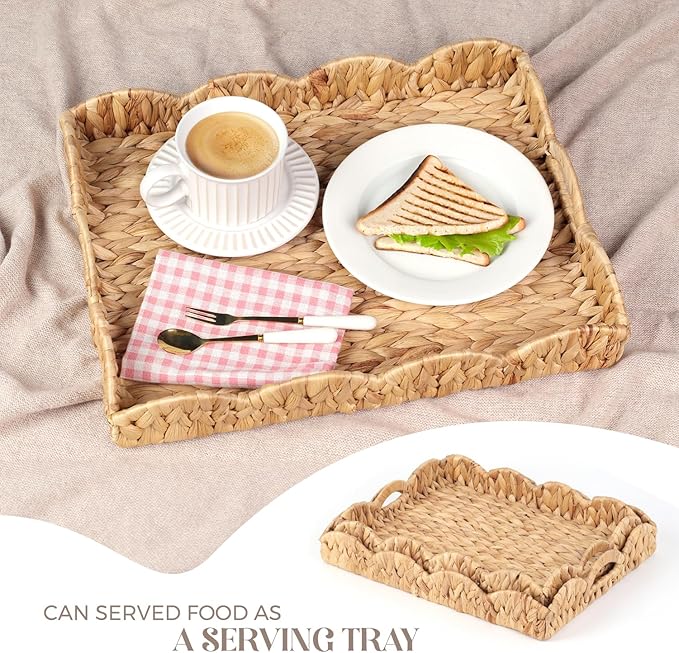 2Pcs - Scalloped Basket, Decorative Basket, Water Hyacinth Tray (17 x 13 x 3 inch - 2Pcs) with Scalloped Edge and Built-in Handles, Rectangle Serving/Woven/Basket/Seagrass Tray
