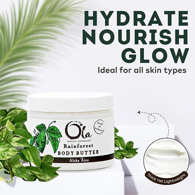 OLA Rainforest Body Butter – Moisturizing Cream with Pure Coconut Oil and Hawaiian Plant Extracts - Ideal for Dry Skin - 2.1oz