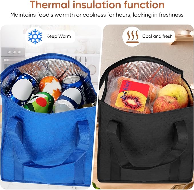 15 Pcs Insulated Cooler Bag – Reusable Cooler Bags with Zipper Top, Thermal Totes for Hot & Cold Food, Foldable, Washable, Sturdy Handles, Ideal for Shopping, Lunch Travel,(Black Blue Grey)