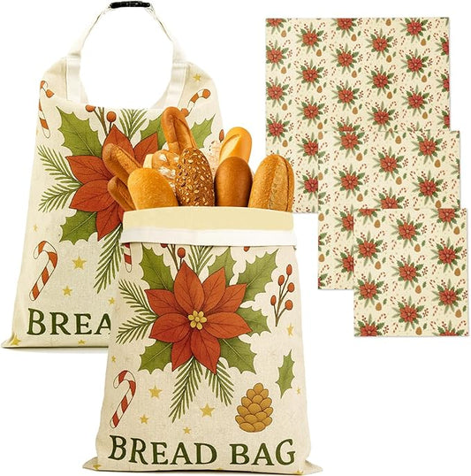 Christmas Beeswax Bread Bags Set – 2 Reusable Bread Bags + 3 Wax Paper Sheets,Eco-Friendly Beeswax Wraps for Food,Homemade Sourdough,Cheese,Snacks & Fruit,Holiday Gift for Bakers Kitchen Lovers
