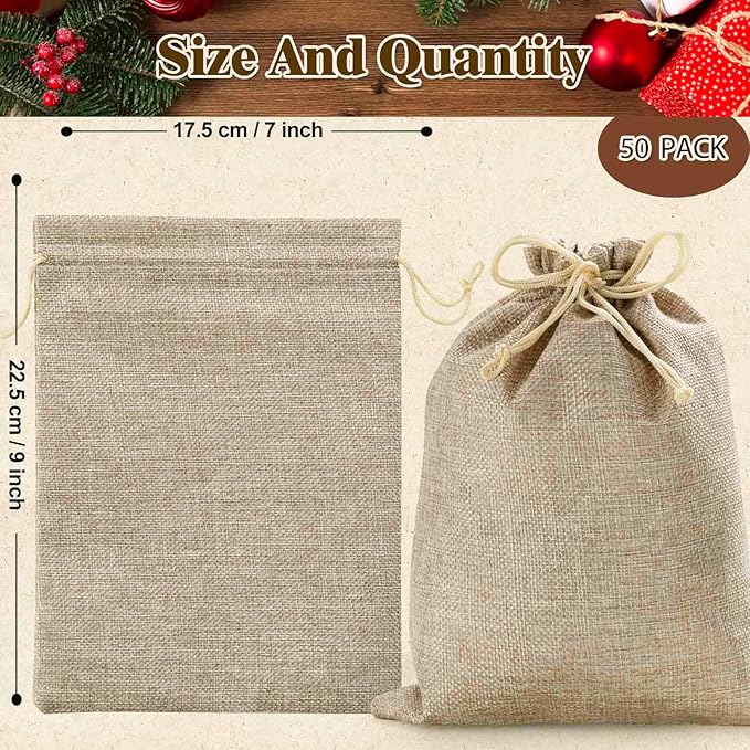 Homum 50PCS Burlap Gift Bags with Drawstring and Gift Tags & String, 7x9 Inch Party Favor Burlap Bags Linen Jewelry Pouches for Party, Wedding, Jewelry Pouches, Christmas, Festival, Coffee, DIY Craft