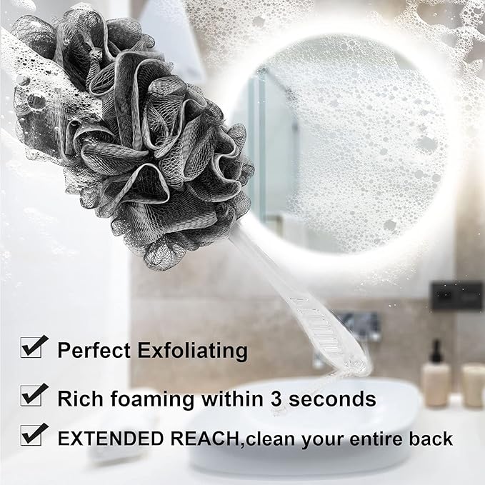 Black Charcoal Loofah for Mens - Back Loofah Scrubber with Handle - Long Handle Bath Brush - 2 Pack