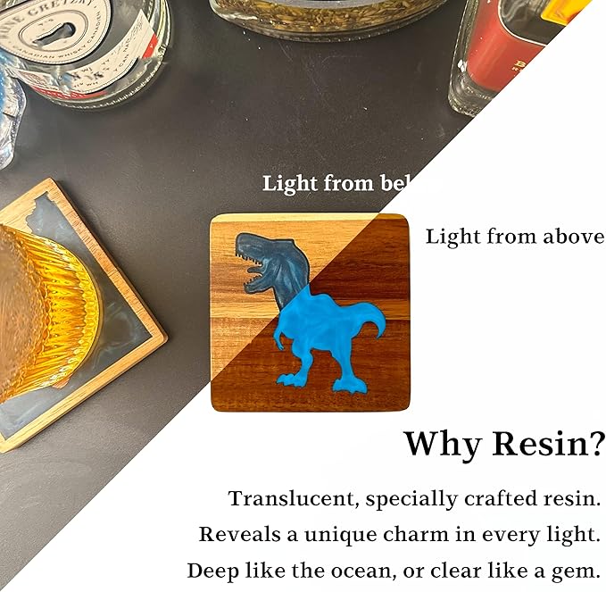 4Pcs Drink Coaster Set with Napkin Holder Conversion Base Acacia Wood with Unique Resin Dinosaurs Design for Kinds of Cups Tabletop Protection and Decor for Coffee Table Ideas for Gifts