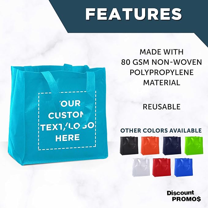 DISCOUNT PROMOS Custom Reusable Cloth Grocery Shopping Tote Bags Set of 10/50/100, Personalized Bulk Pack - Foldable, Washable, Shopper Bag - Sky Blue