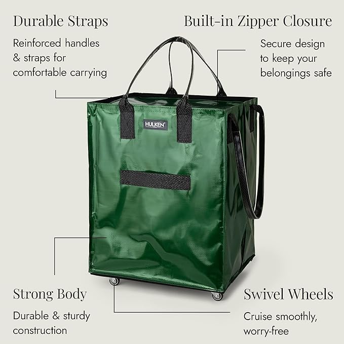 HULKEN - (Large, Forest Green) Reusable Grocery Bag On Wheels, Shopping Trolley, Rolling Tote, Zipper Closure, Lightweight, Carries Up to 66 lb, Folds Flat, Unbreakable Handles