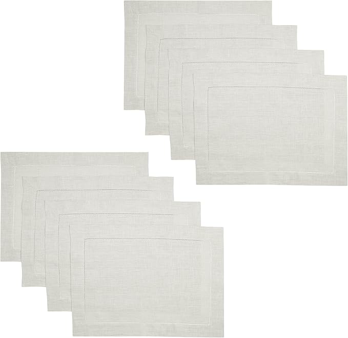 D'Moksha Homes Silver Grey Linen Cloth Placemats Set of 8-100% Pure Linen Hemstitch Placemats 14 x 19 Inch - Classic Hemstitch Table Place Mats for Christmas - Handcrafted and Machine Washable