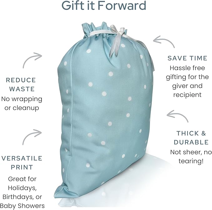 Gather & Knot Drawstring Gift Bags | 20" Large 12" Small | Premium Canvas | Reusable Fabric Wrap for Baby Shower, Birthdays, Hannukkah, Christmas | Blue Dots