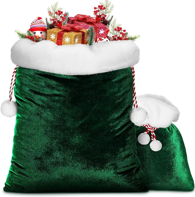 Shappy 2 Pieces Christmas Velvet Santa Bags with Drawstring in 2 Size Large Christmas Bags Santa Gift Sack for Xmas Playing Present Toy(Dark Green)