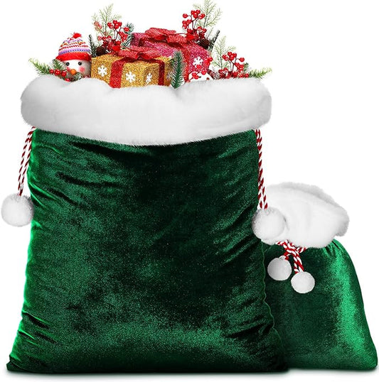 Shappy 2 Pieces Christmas Velvet Santa Bags with Drawstring in 2 Size Large Christmas Bags Santa Gift Sack for Xmas Playing Present Toy(Dark Green)