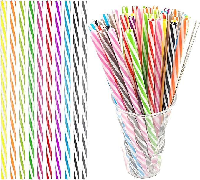 100PCS Reusable Stirrer Straws-Short Assorted Color Plastic Stripe Drinking Straws Pipes + 2 Brushes Fit for Milk & Juice & Coffee & Smoothies & Cocktail & Kids Straws Kit(Two-tone Stripe, 9 Inches)