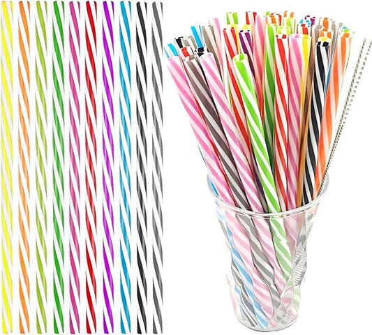 100PCS Reusable Stirrer Straws-Short Assorted Color Plastic Stripe Drinking Straws Pipes + 2 Brushes Fit for Milk & Juice & Coffee & Smoothies & Cocktail & Kids Straws Kit(Two-tone Stripe, 9 Inches)