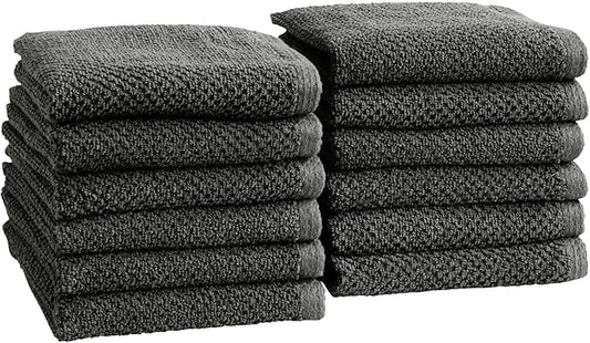 Great Bay Home Dark Grey Washcloth- 100% Cotton 12-Pack 13x13 Wash Cloth - Absorbent, Quick-Drying, Durable Face Towels for Bathroom Decor - Low-Twist, Two-Ply Fibers (Midnight)