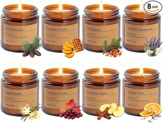 Holiday Candle Gift Set – 8 Pack Vintage Amber Glass Jar Candles,Winter Scents for Home,Christmas Gift for Women,Aromatherapy Soy Wax Candles,Cozy Home Décor,Premium Box