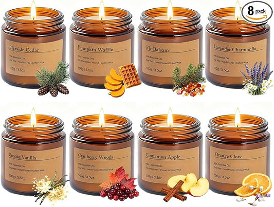 Holiday Candle Gift Set – 8 Pack Vintage Amber Glass Jar Candles,Winter Scents for Home,Christmas Gift for Women,Aromatherapy Soy Wax Candles,Cozy Home Décor,Premium Box