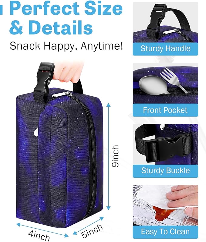 Small Insulated Snack Bag Lunch Box,Collapsible Reusable Small Lunch Bag with Snap Buckle Handle for Beach Travel Picnic,Starlit Sky 5-Can(3L)