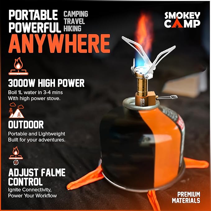 Mini 3000W Camping Stove, Ultralight Backpacking Camp Stove with a Carrying Case and an Additional Adapter, Compatable with Isobutane and Propane Tanks, Portable and Collapsible