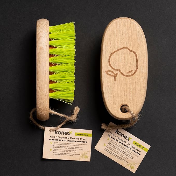KONEX Veggie Brush - Fruit & Vegetable Produce Brush, Potato Scrubber | Food Beechwood Handle | Mushroom, Potato Scrubber Brush, Carrot or Corn Cleaner (Pack of 2)