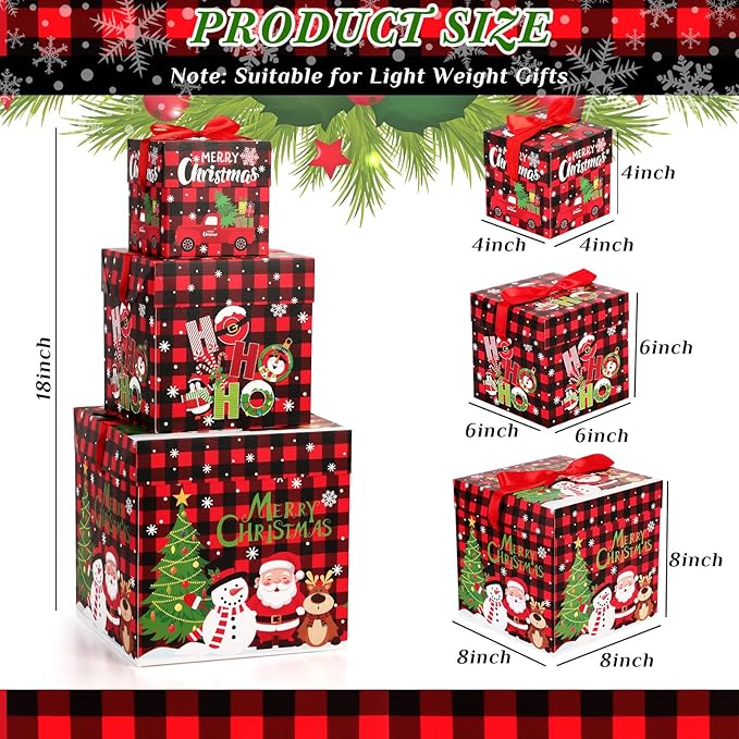 3 Pcs Christmas Nesting Gift Boxes Buffalo Plaid Xmas Stackable Boxes Black Red Decorative Xmas Nested Present Boxes with Lids and Ribbon for New Year Birthday Party Gift(Santa)