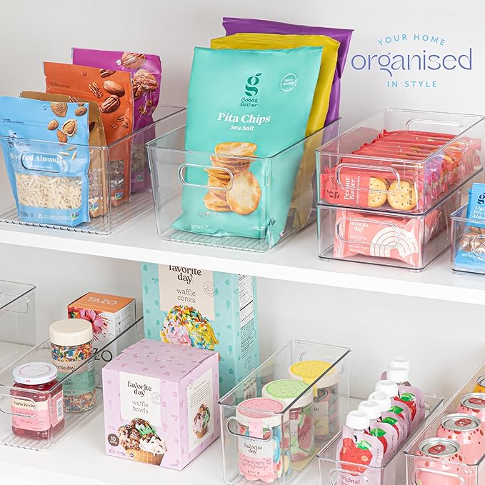 primebox Plastic Food Storage 4 Pack Clear Container Bin with Handles for Organizing Kitchen, Pantry, Refrigerator, Freezer, Pantry, Cabinet, Closet, Bathroom. 10”x7.5”x5.3”