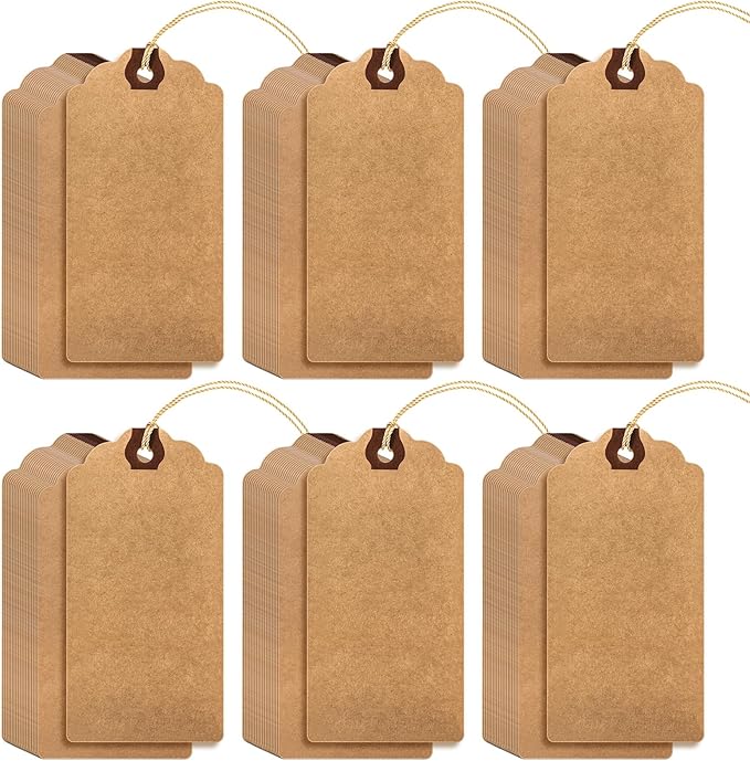 Outus 60 Pcs 4 3/4-in x 2 3/8-in Blank Large Paper Gift Tags with String and Reinforced Eyelet Wire Writable Price Tags Shipping Labels Inventory Labels(Brown)